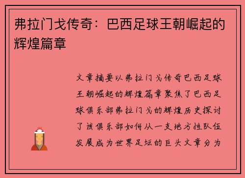 弗拉门戈传奇：巴西足球王朝崛起的辉煌篇章